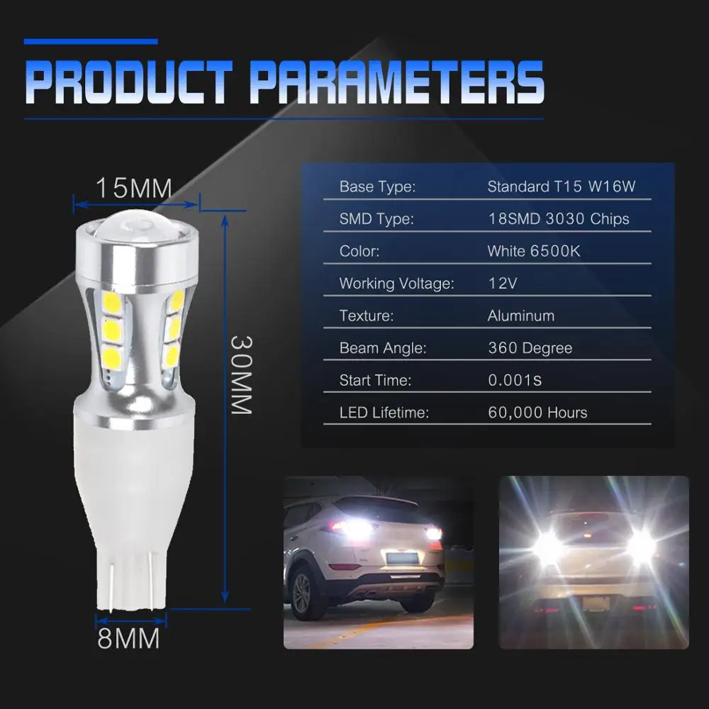 2 шт. T15 W16W светодиодный автомобильный светильник 912 921 3030 18SMD супер яркий задние