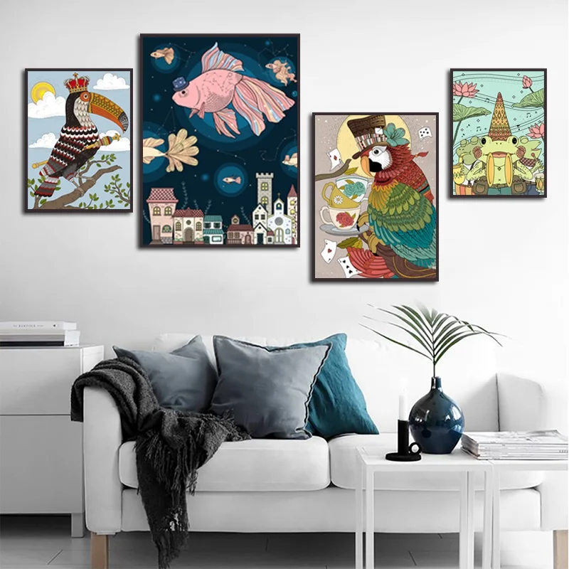 

Hand Drawn Cartoon Wall Art Canvas Paintings Parrot Goldfish Frog Painting Decor Pictures for Living Room Bedroom Decoration