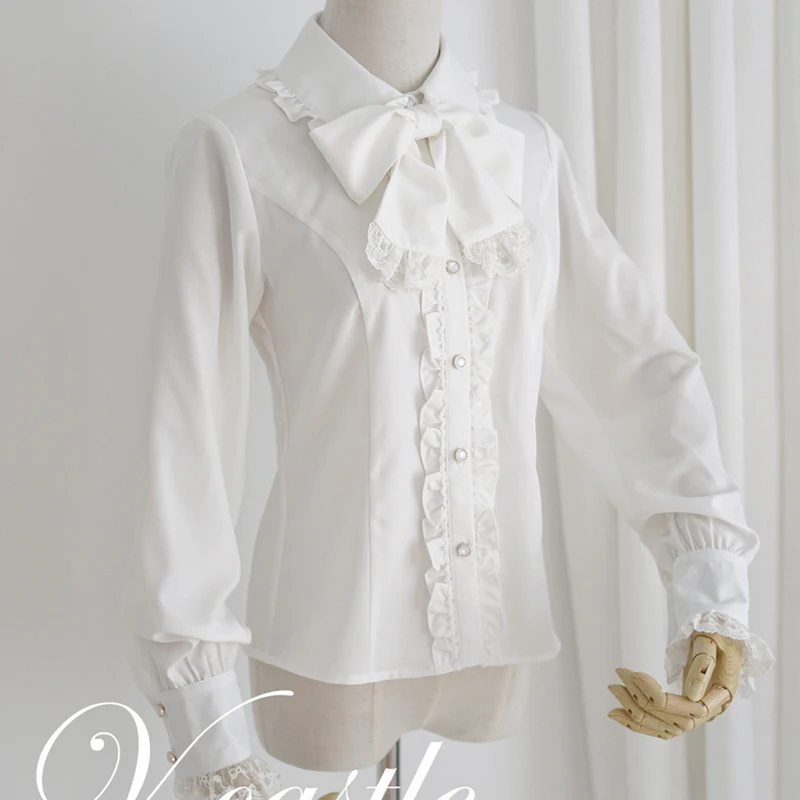 

Japanese Soft Girl College Style Lolita All-match Slim Shirt Spring And Autumn Lace Ruffled Shirt WithBow MAGOGO