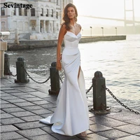 sexy removable sleeves satin wedding dress mermaid bride dresses 2021 open side pleats princess wedding party gowns custom made
