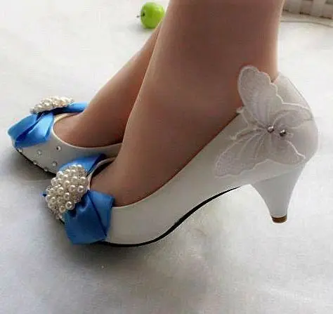 

Blue satin bow butterfly-knot 5CM med heel party wedding pumps shoes woman handmade crystal butterfly bridal shoes wedding