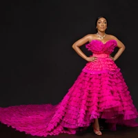 luxury pleated ball gown aso ebi prom dresses strapless sleeveless ruffles with long train evening dressing gowns plus size