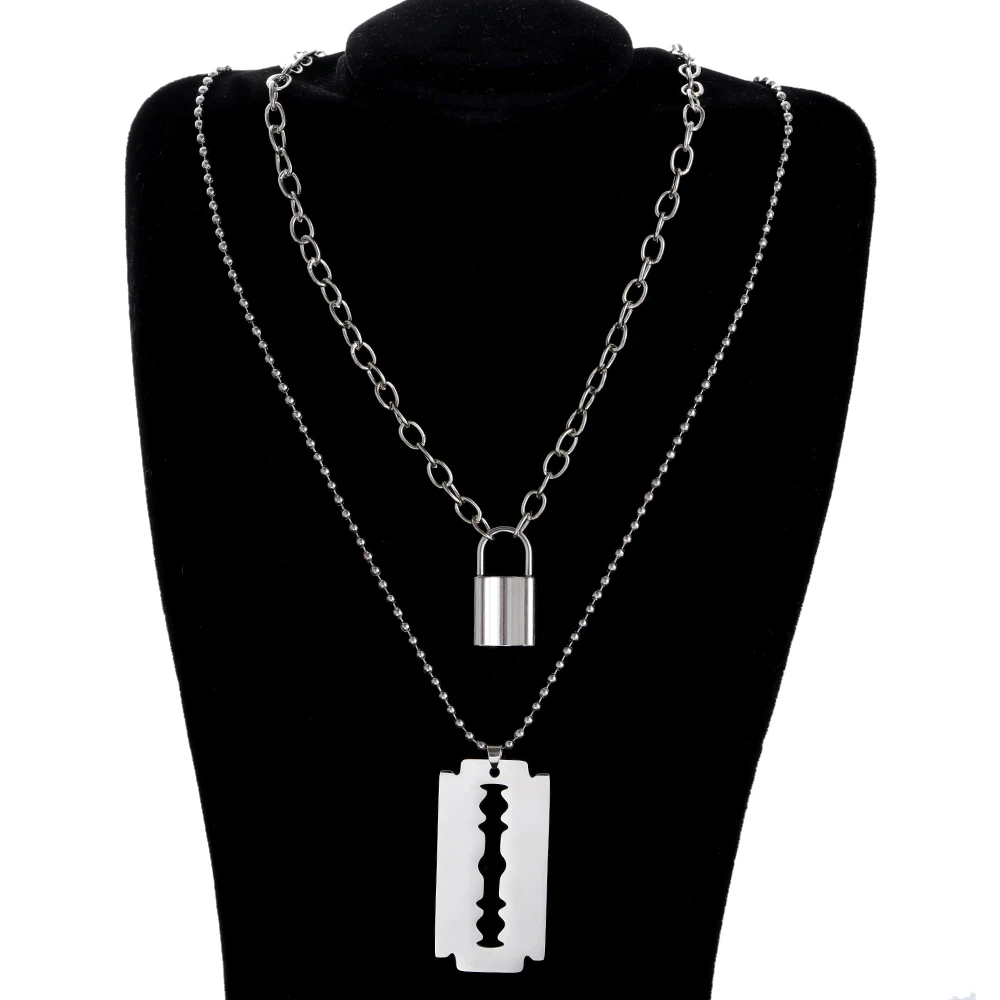 1 шт. женский двухслойный замок кулон ожерелье полый из большого лезвия бритвы