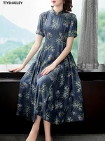 tiyihailey 2022 free shipping vintage women long mid calf short sleeve denim summer print dresses chinese style cheongsam