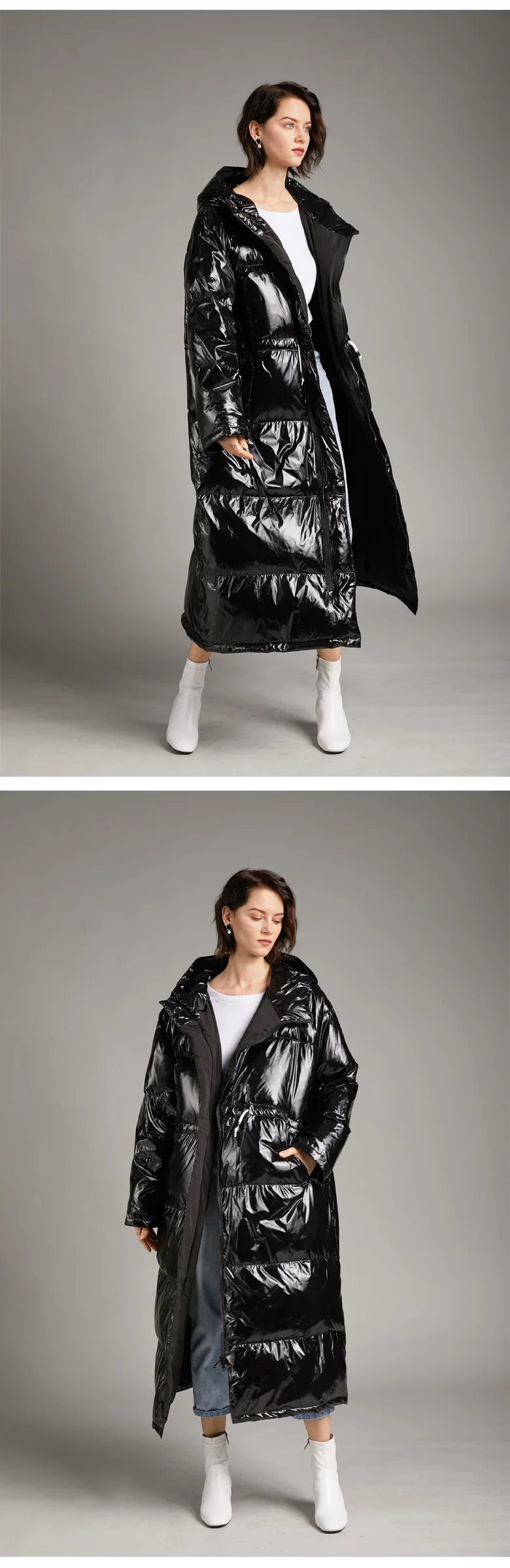 Зимняя Европейская мода, популярная Глянцевая длинная белая куртка-пуховик на утином пуху, Женская непромокаемая парка большого размера, яркое пальто с капюшоном F474