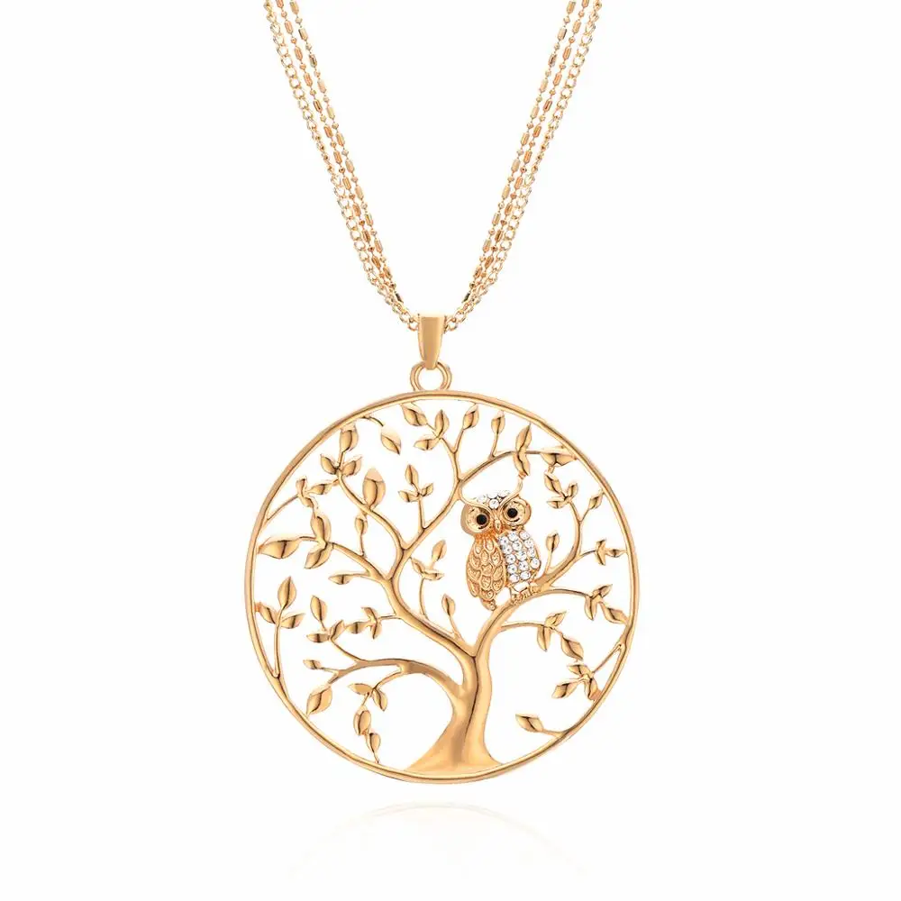 

Big Tree Of Life Crystal Owl Pendant Necklace For Women Sweater Layered Chains Long Necklaces Statement Collier Bijoux Best Gift