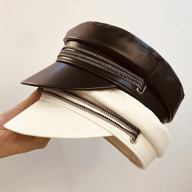 Новинка 2019 женская модная кепка газетчика из искусственной кожи белого и черного
