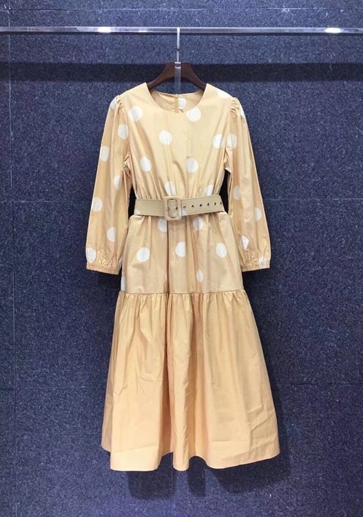 

2020 autumn and winter new fashion women's round neck buckle belt waist decoration polka dot printing long sleeve dress 1