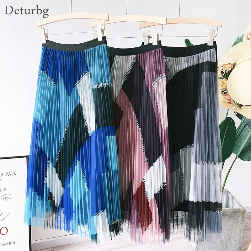 

Women Vintage Geometric Pattern Mesh Skirt With Liner Korean High Waist Pleated Tulle A-Line Midi Skirts Saias 2021 Spring Sk667