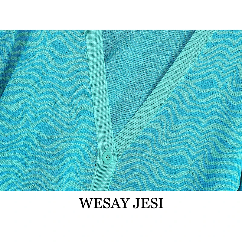 

WESAY JESI Za Sweater Fashion Summer Loose Knitted Chic Blue Button-Up Cardigan For Women Clothes Long Sleeve Striped Overcoat