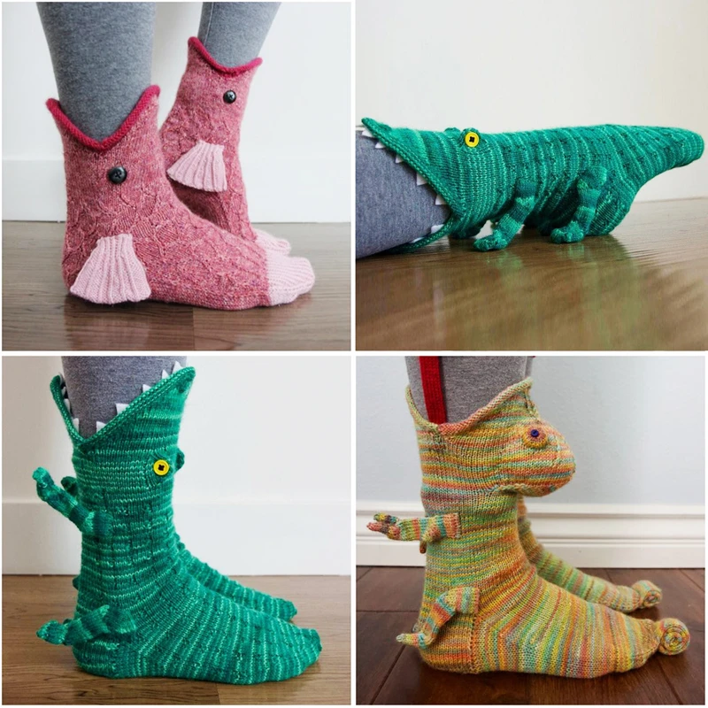 

Рождественский подарок, вязаные носки с изображением акулы, рыбы, Хамелеона, крокодила, зимние теплые носки для пола для мужчин и женщин, мил...