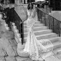illusion full body lace mermaid wedding dresses tank sleeve backless bridal gown sexy deep v neck vestido de novia bridal robes