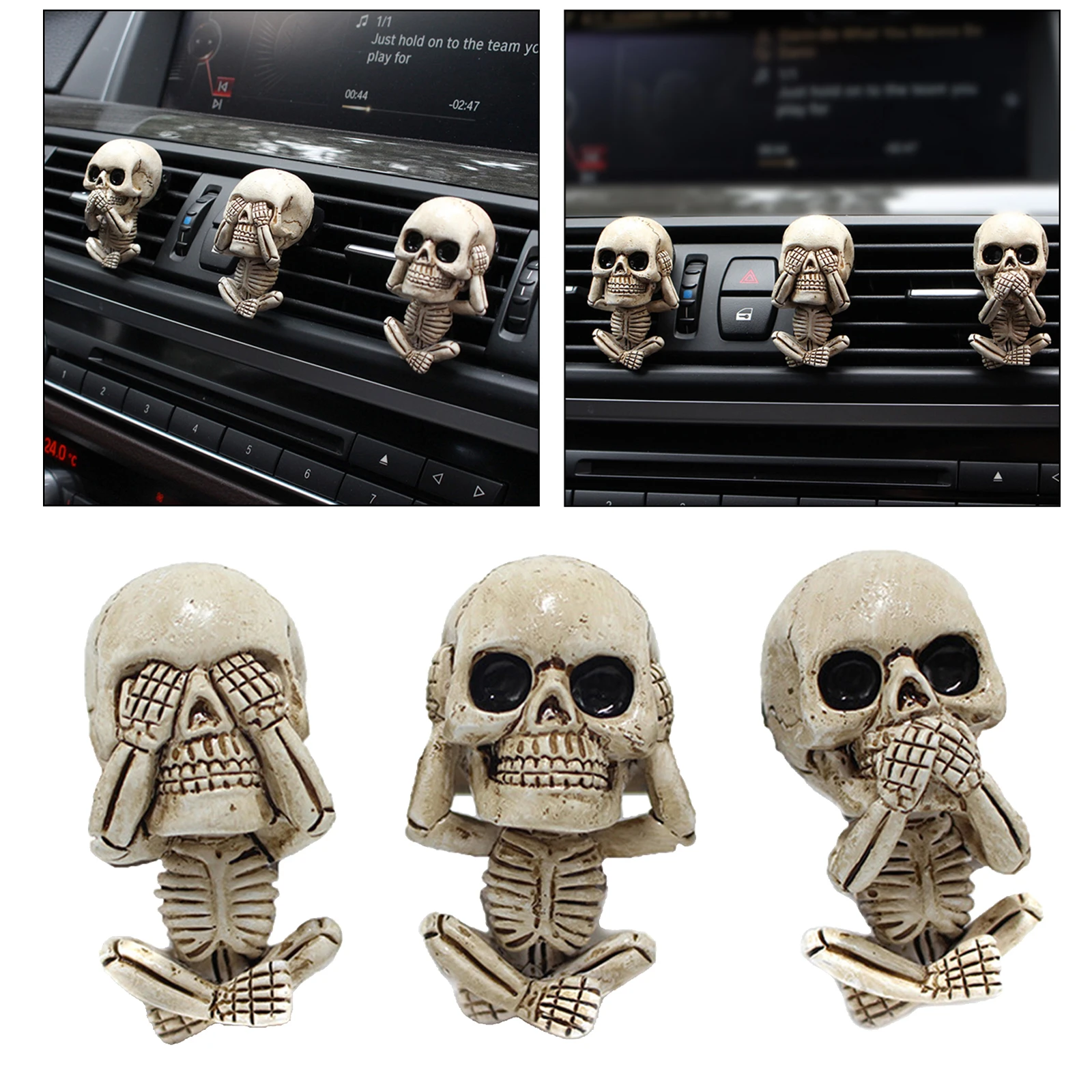 

3pcs Car Air Vent Mount Resin Skull Statue Air Freshener Skeleton Ornament