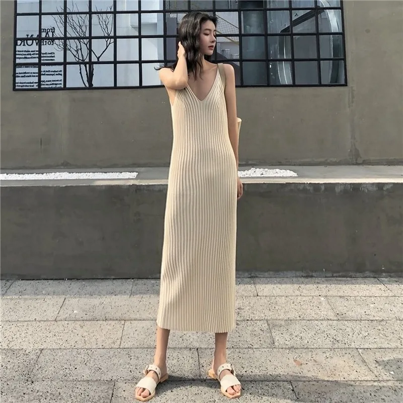 

Women's Elegant Medium Knitted Dresses Solid V-Neck Suspender Sleeveless Mid-Calf Dress Knitting Bottoming Wear Spring 2021
