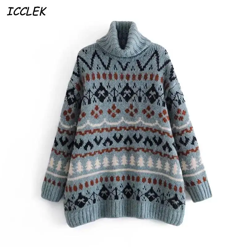 

Women's Sweater Turtleneck Knit Women Sweater Loose Retro Lazy style Winter Fashion Warm Pullover Sweaters Casual Lady Chic Top