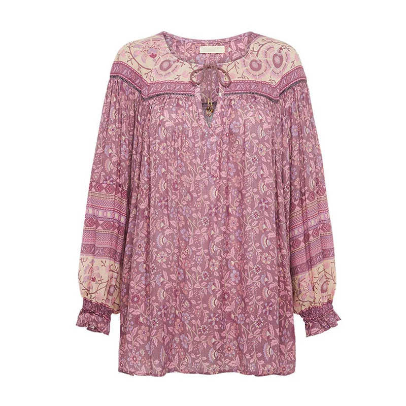 Everkaki Boho блузки с цветочным принтом, Рубашки, Топы, женские, с кисточками, с завязками на шее, с длинными рукавами, винтажные топы, блузки, женские,, Осень-зима