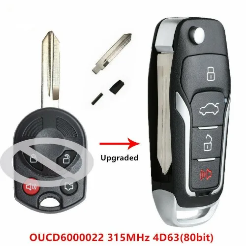 

Keyecu OUCD6000022 4 Buttons 315mhz 4D63 Chip Modified Flip Remote Car Key Fob for Ford Focus Fusion Edge Escape Mustang