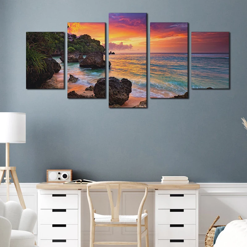 

5 панелей Холст Картина HD Печатный пейзаж Морской берег закат настенное искусство домашний Декор без рамки Настенная картина