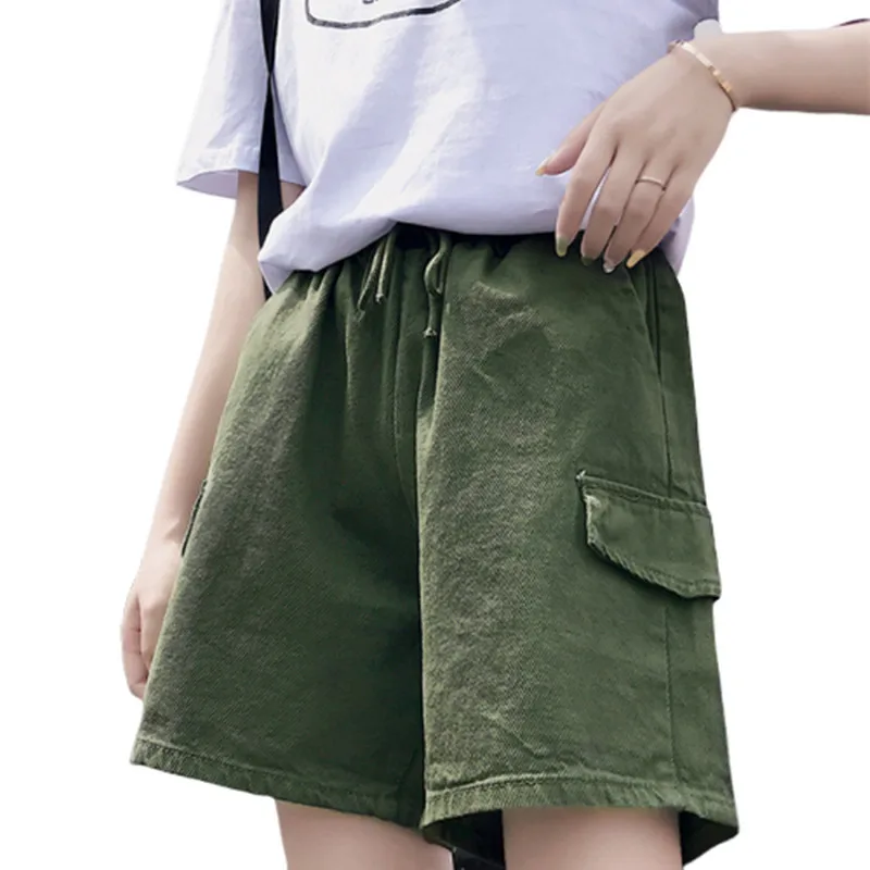 

Casual Shorts Women For Summer Korean Fashion Green Cotton Shorts Femme Students Loose High Waist Shorts For Student