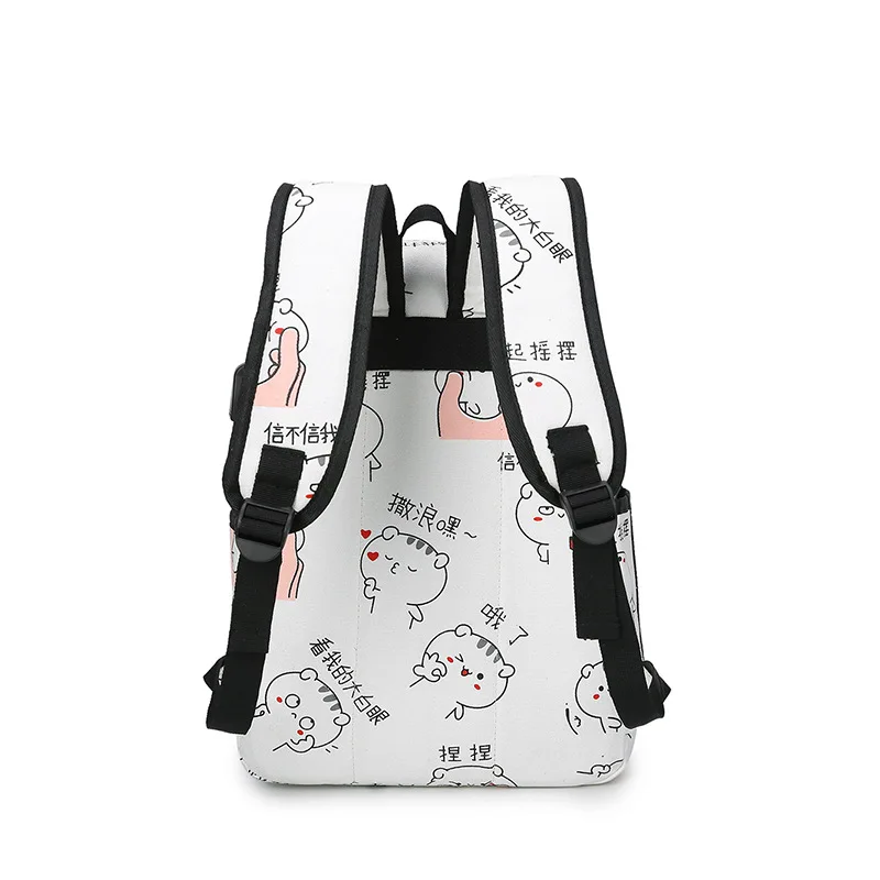 Canvas Backpack 3 Pcs Set Women School Bags Orthopedic Satchel for Girls Teenagers USB Charging Daily Travel Organizer Knapsack