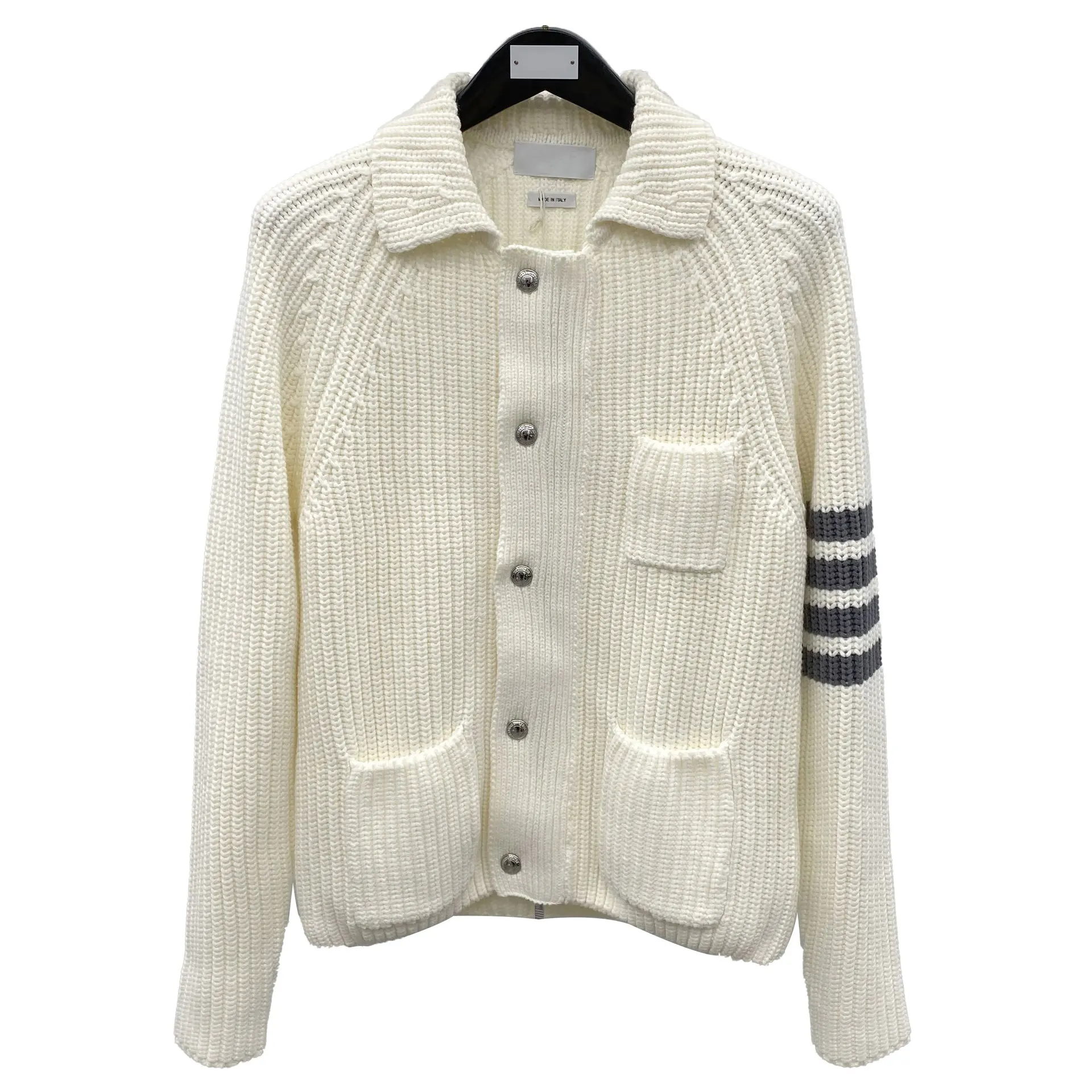 

2021 fashion brand tb sweater men women turn down collar single breasted wool sweatercoat striped knitted jacket pockets