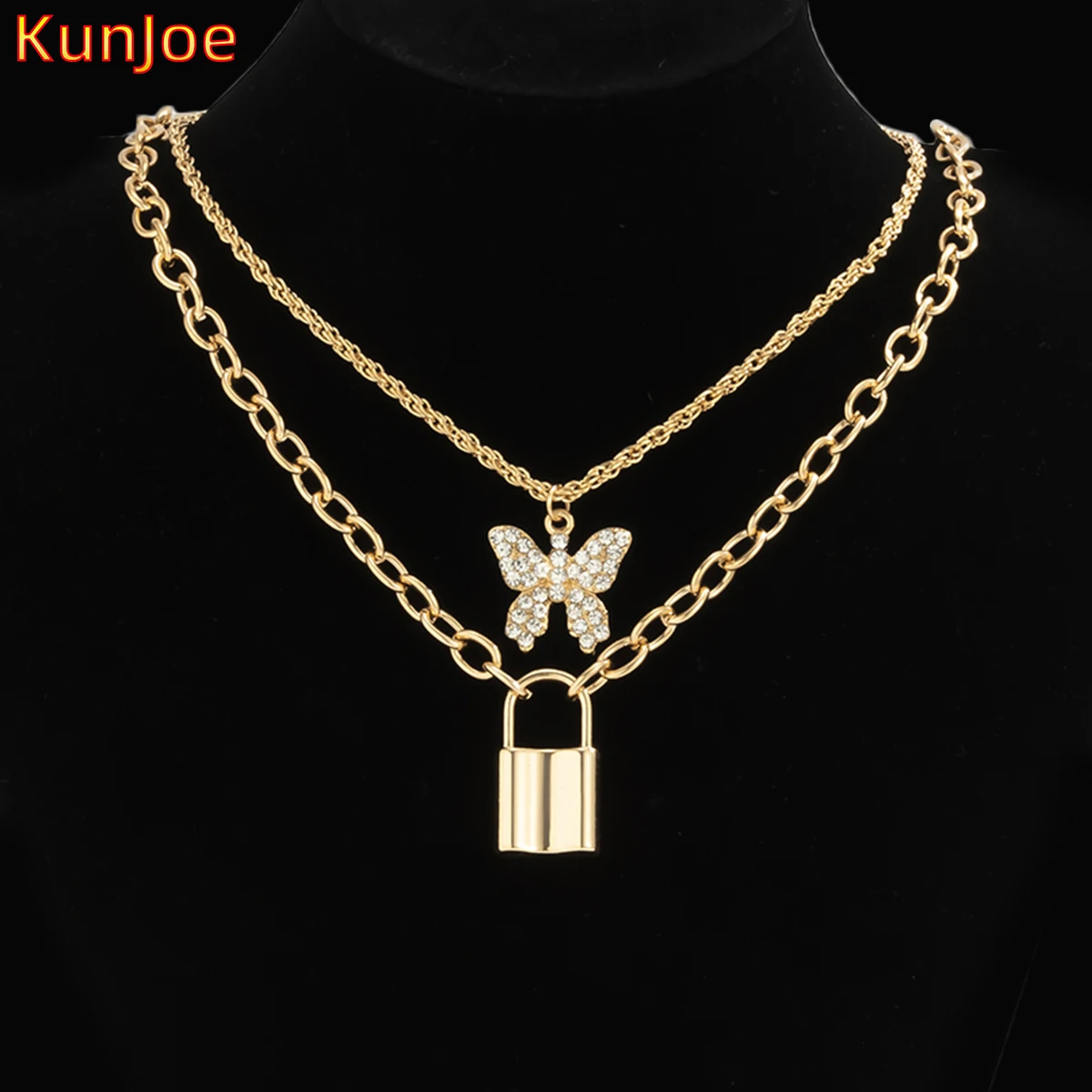 

KunJoe 2021 Autumn new Punk Necklace With Lock Crystal Butterfly Necklace Fashion Gold Color Chain For Women Choker Jewelry Gift