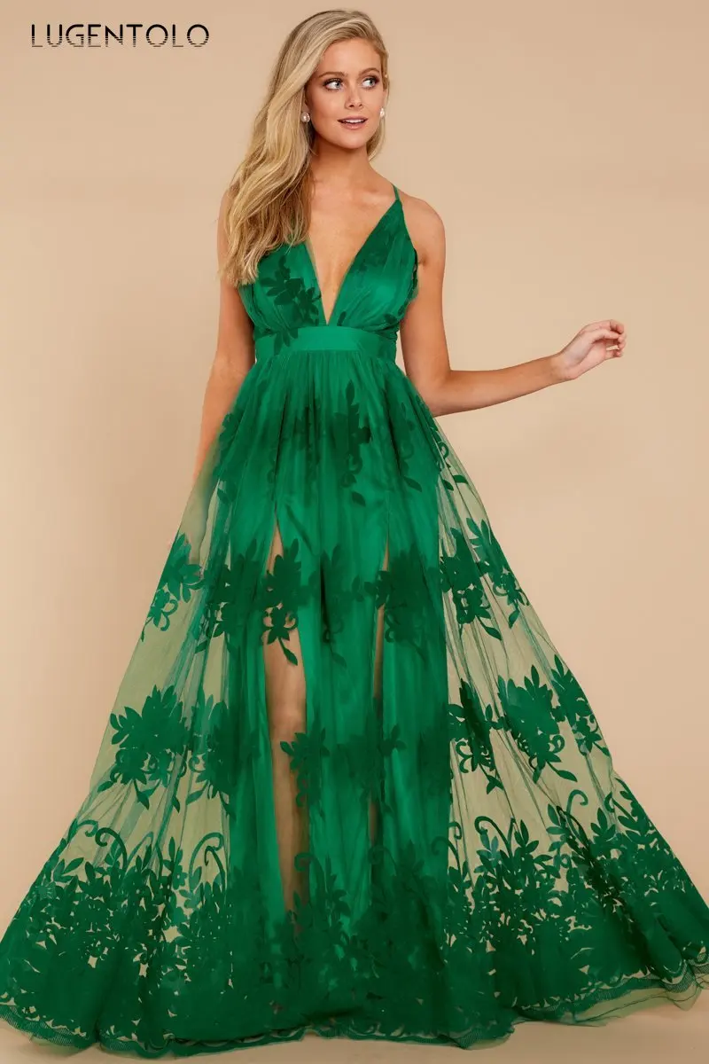 

Lugentolo Women's Party Dress Summer Dinner Big Swing Spaghetti Strap Sexy Deep V-neck Mesh Embroided Lace Lady Maxi Dresses