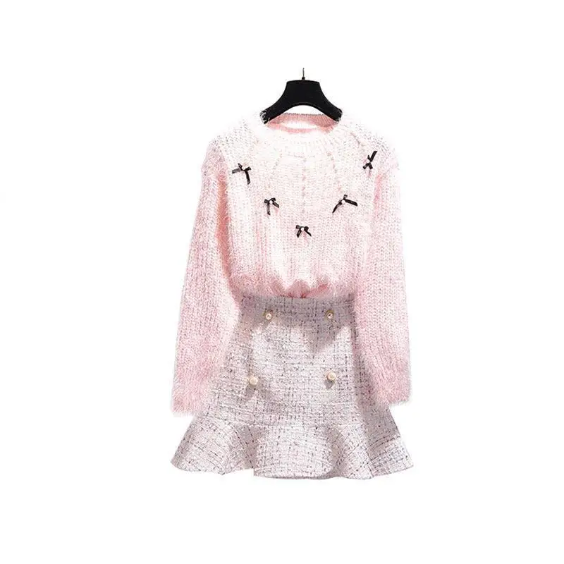 

2019 New Autumn Winter Women Clothes Two Piece Set Female Sweater Knitted Top + Tweed Mermaid Skirt 2 Piece Suits Outfit F111