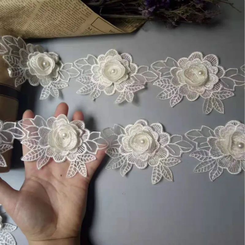 Винтажная вышитая жемчугом лента из полиэстера цвета слоновой кости с цветочной