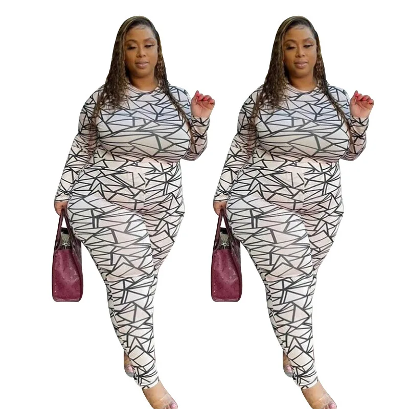 

Plus Size Fall Clothes 2021 Long Sleeve Geometric Print Two Piece Set Turtleneck Tops and Leggings Pants Street Bodycon Sets