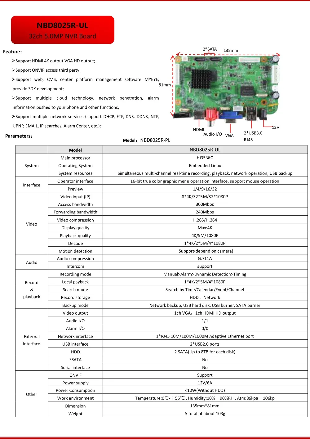 OUERTECH 32ch H.265 1080 P/5MP/4 K IP видео NVR плата HI3536C 1CH RCA аудио выход/в 2 порта SATA ONVIF сетевая плата наблюдения