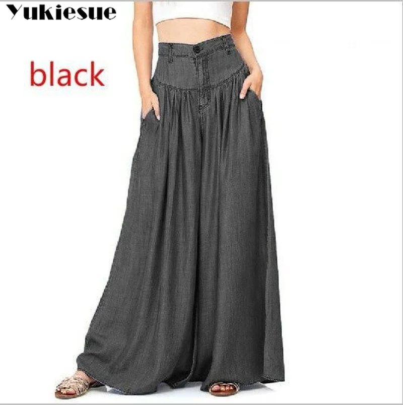 Женские длинные брюки шаровары с высокой талией Свободные плиссированные синие