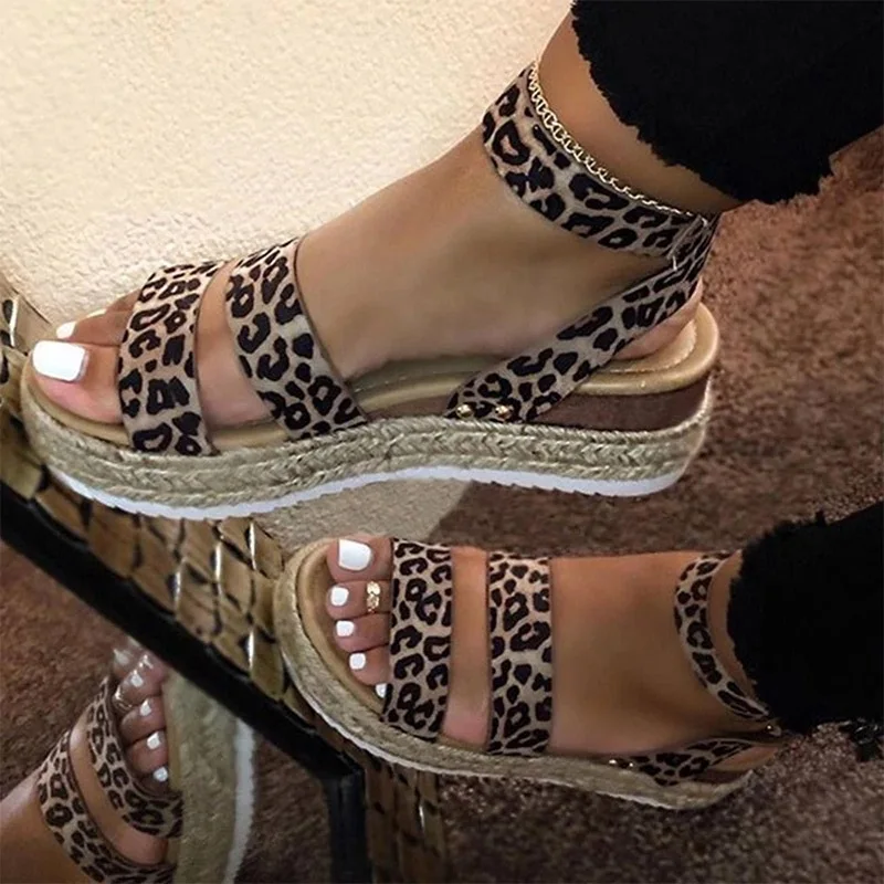 

Women Sandals Leopard Retro Hemp Flat Platform Ladies Summer Wedges Shoes Women Casual Buckle Strap Women's Plus Size Female