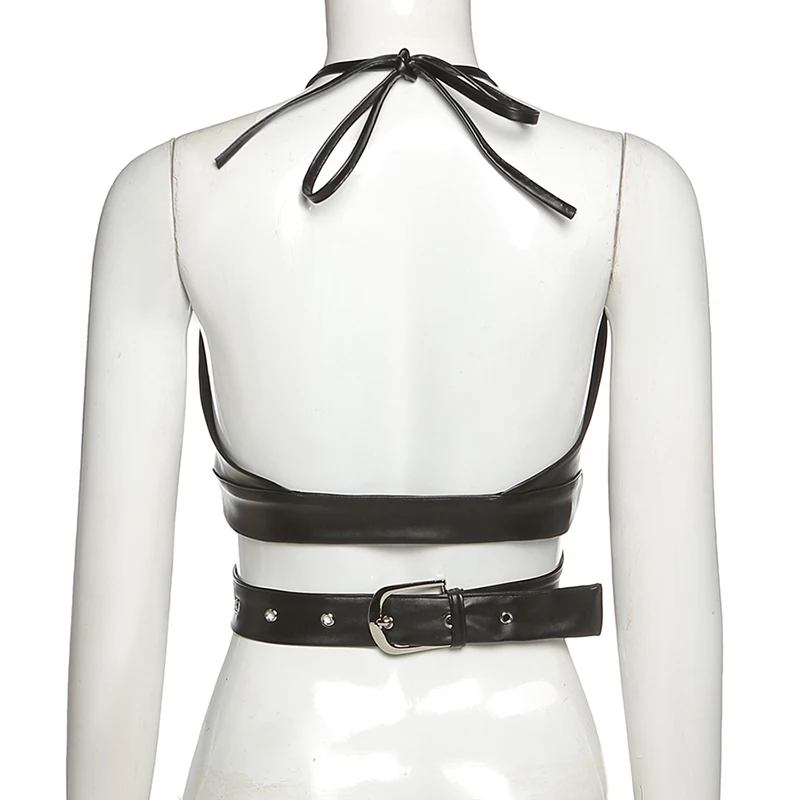

women's Tank Tops 2021 all-match halter halter sexy low-cut slim slim waistcoat sexy low-cut short navel slim PU vest Navel