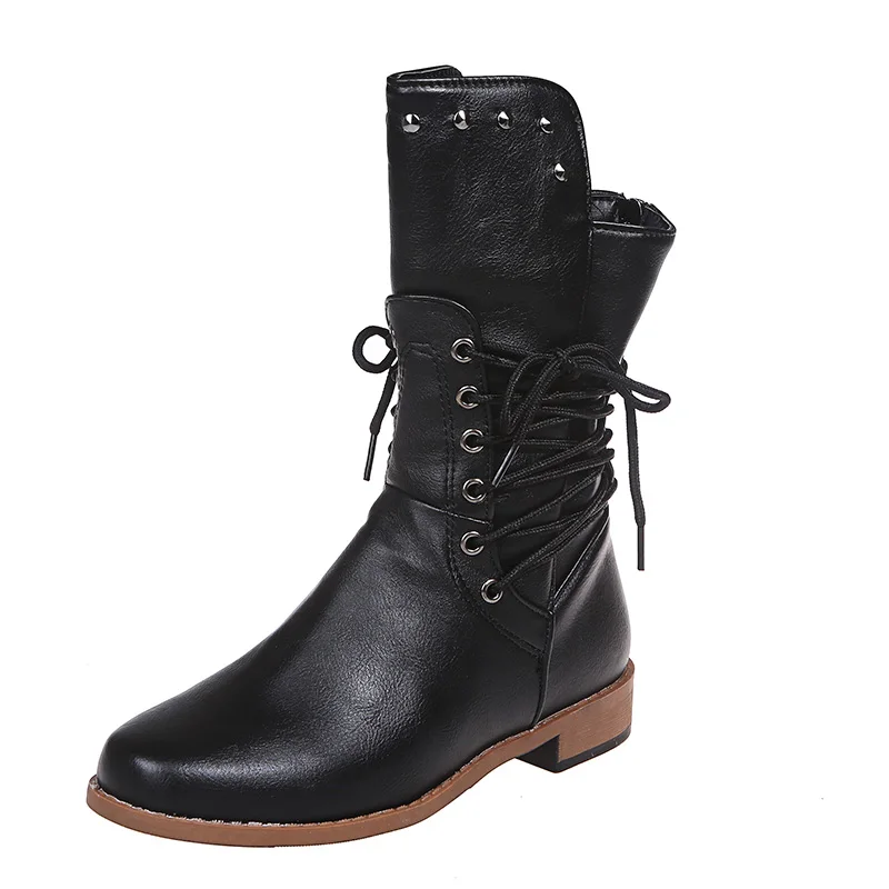

Women Flat Pu Cowboy Boots Female Cross-tie Rivet Mid-Calf Boots Autumn Winter Woman Low Square Heel Shoes Black Brown