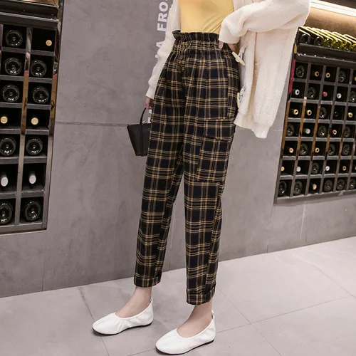 Свободные 2019 осенние модные клетчатые Pantalon с высокой талией повседневные