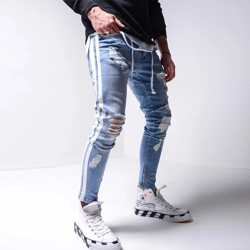

European and American fashion slim jeans men's pencil knight side striped trousers ripped hip-hop jeans