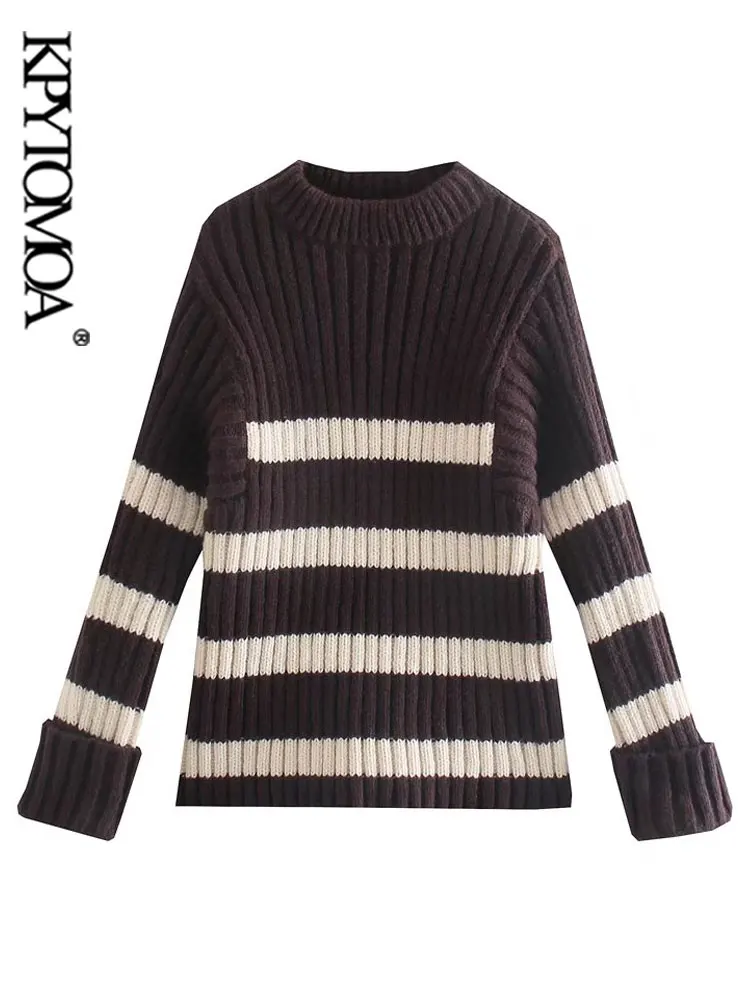 

KPYTOMOA Women Fashion Thick Warm Loose Striped Knit Sweater Vintage O Neck Long Sleeve Female Pullovers Chic Tops