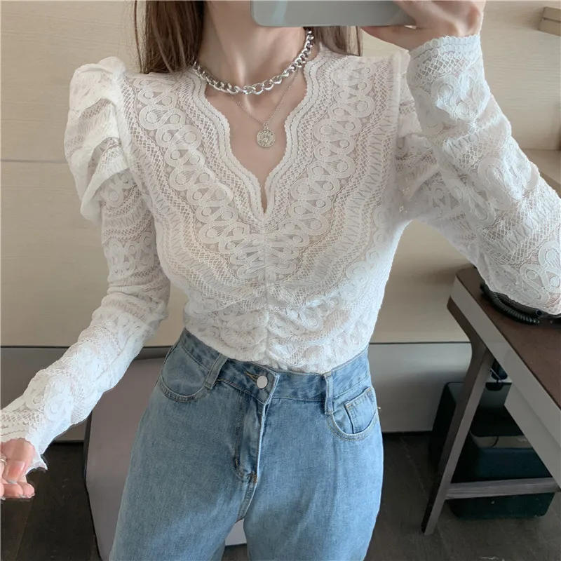 Blouses Women Hollow Lace Shirt Bubble Sleeves Hot Sell Solid Color Long-sleeved Outer Top Sexy V-neck Slim Female Chiffon Shirt