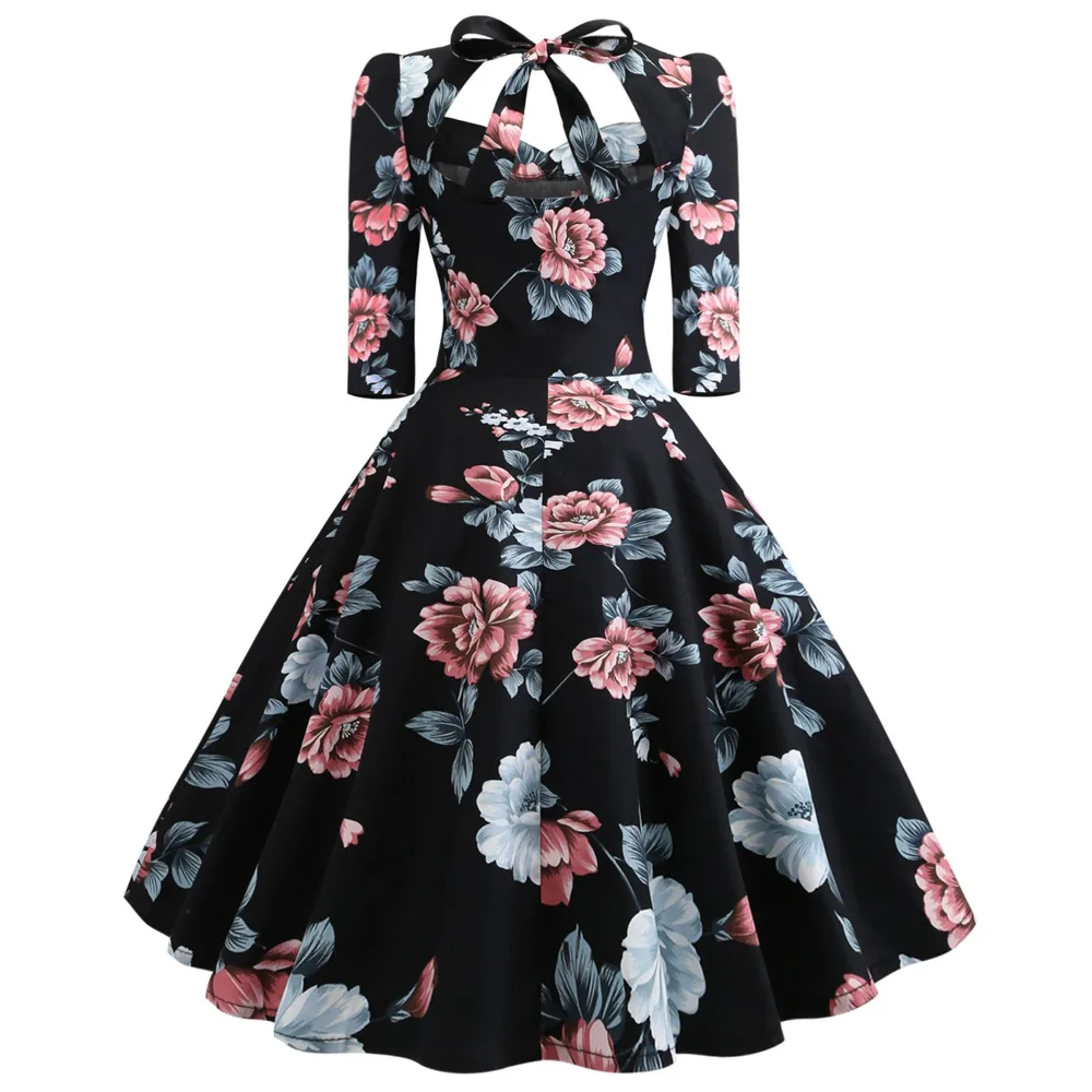

S-2XL Sweetheart Neck Half Sleeve Vintage Dress Women Autumn Floral Print Bowknot Party Vestidos 50s Rockabilly Robe Retro Dress