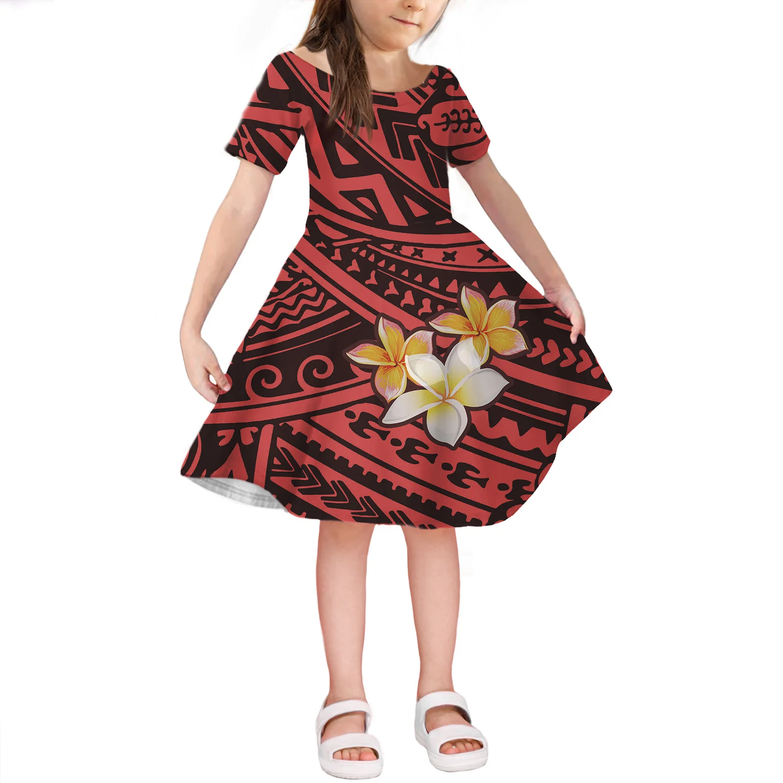 

New Summer Fashion Samoa Frangipani Print Dress Printed On Demand O Collar Short Sleeve Comfortable Girl Pompous Skirt