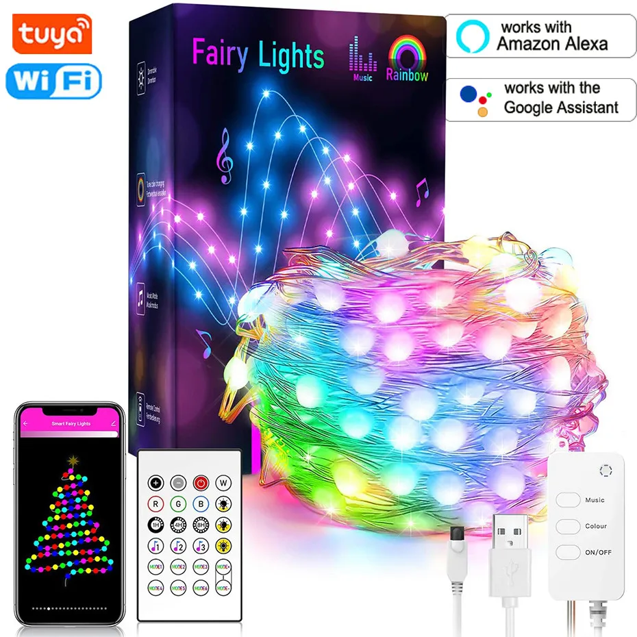 

Tuya Smart 10m RGBIC LED Fairy String Light Garland Holiday Decoration RGB Chasing USB Led Strip Work With Alexa Music Sync