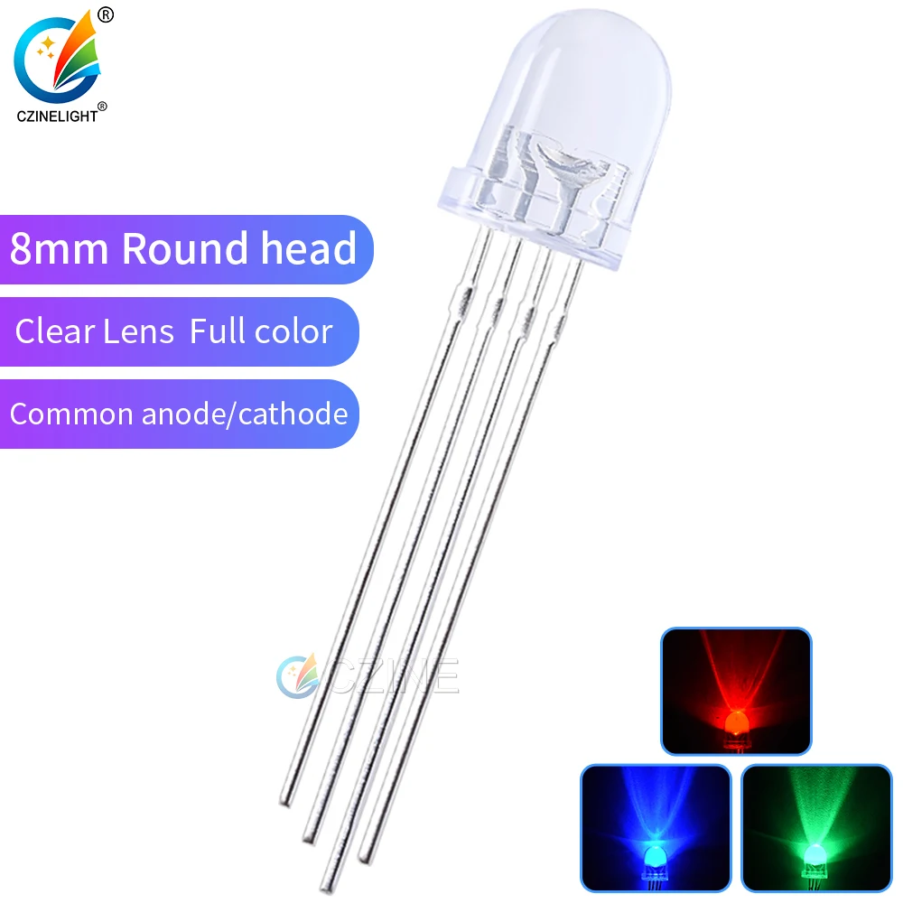 500pcs/bag 8mm Water Clear Round Hat RGB LED  8mm F8 pixels Arduino led chips RGB full color 4 legs