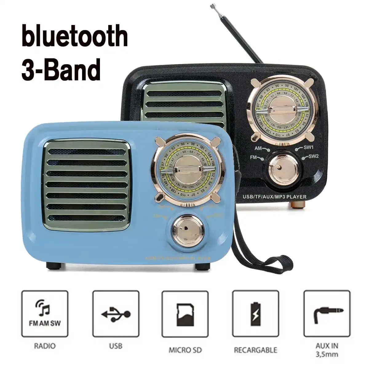 Bluetooth портативное Ретро Радио басовая колонка FM AM SW плеер портативная карта мини