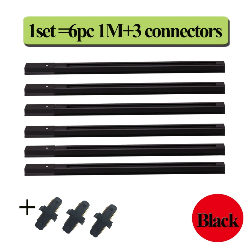 6pcs 1M Black Rail Светодиодный рельсовый рельс 1 м, алюминиевый светильник, 0,5 м, 20 см, 2 провода, система с разъемами, универсальный рельсовый светильник - Испускаемый цвет: 6pcs 1M Black Rail
