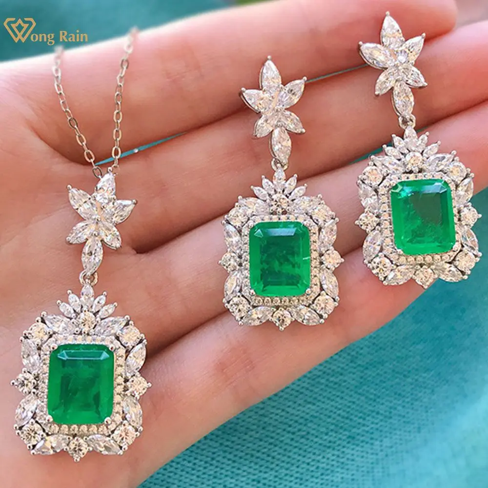

Wong Rain Luxury 100% 925 Sterling Silver Emerald Gemstone Created Moissanite Earrings/Pendant/Necklace Wedding Jewelry Set