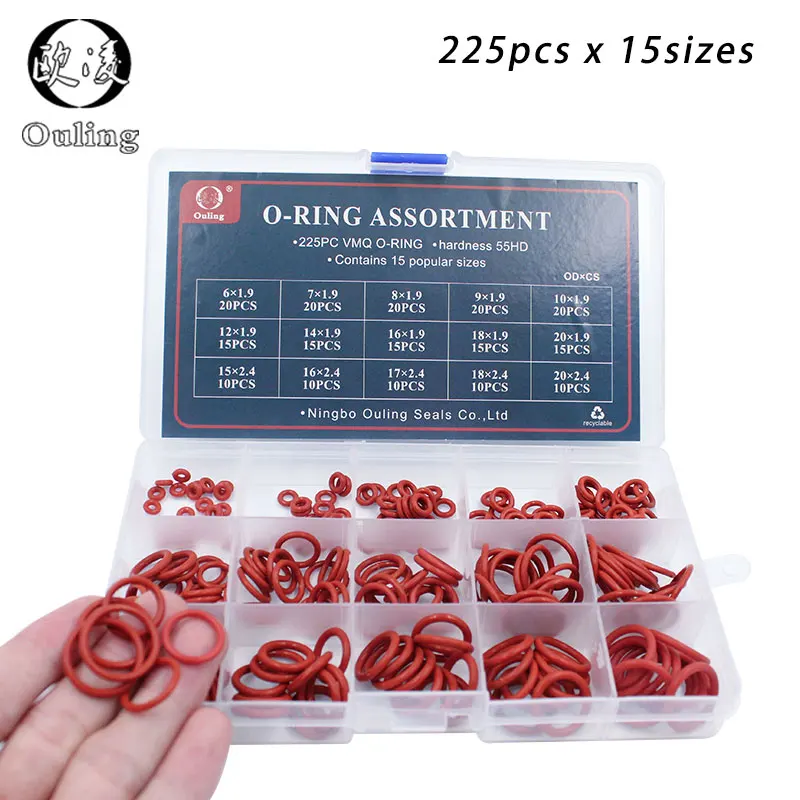 225 шт. уплотнительные кольца резиновые красные силиконовые силиконовая шайба
