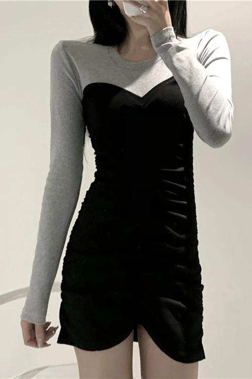 

COIGARSAM Full Sleeve Women dress New Sheath High Waist Dresses Gray White 5754