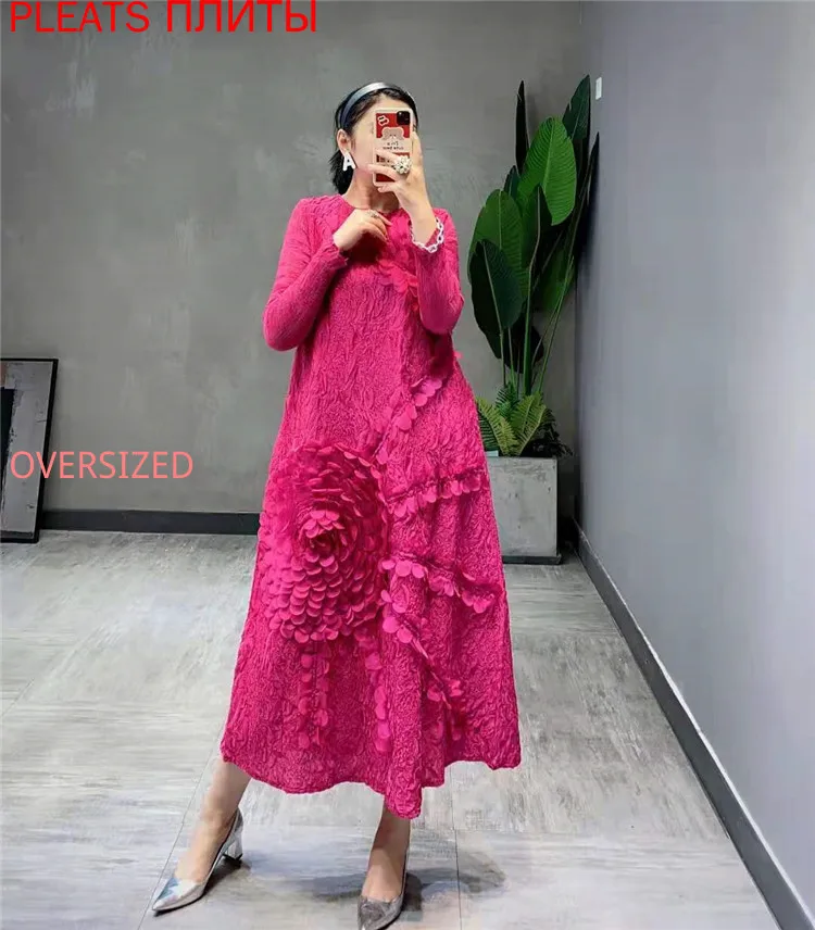 Miyake Pleated Dress Autumn and Winter New Bottoming Dress Embroidered Rose Red Pleats Vestido Robe Femme Vetement Femme Ropa