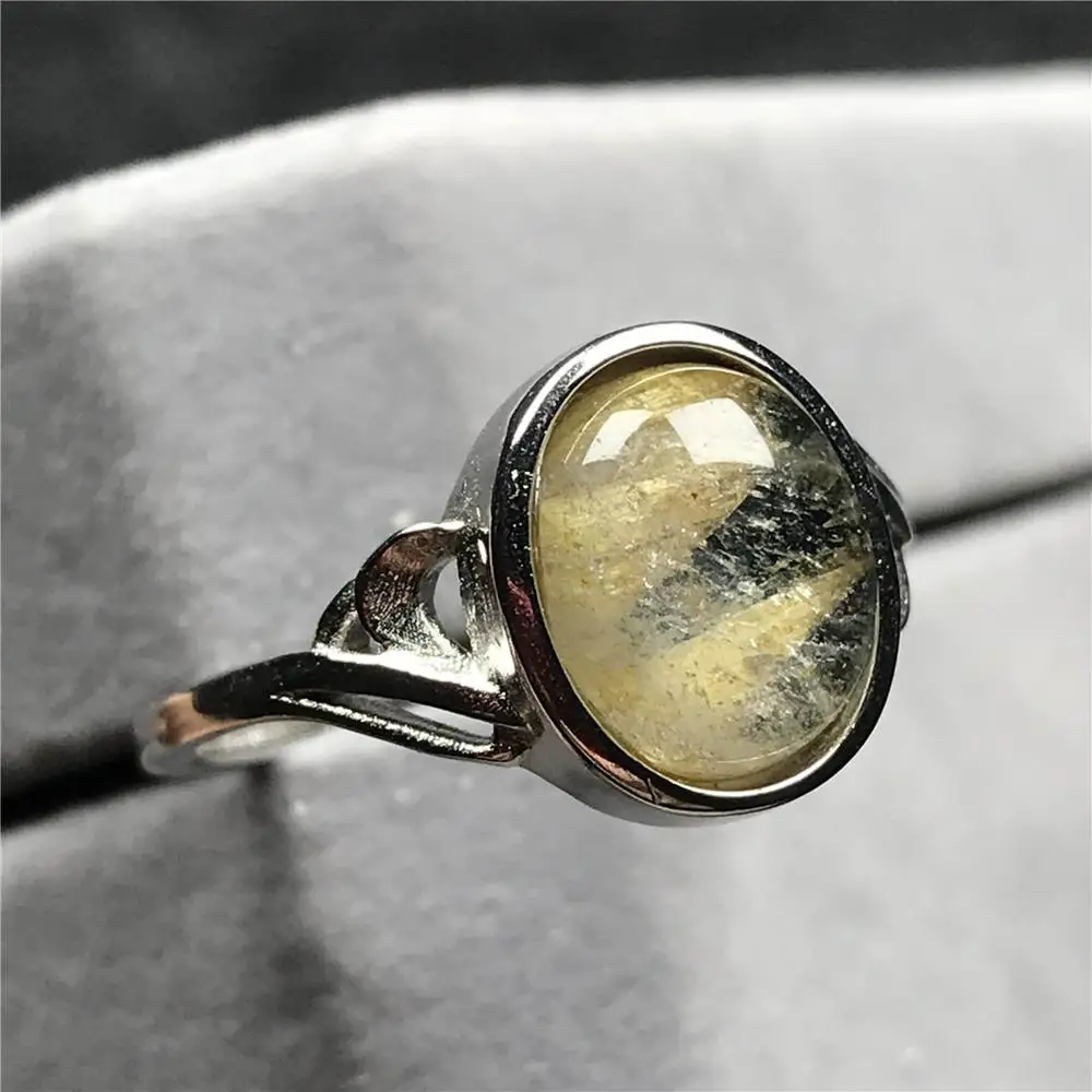 12x10mm Natural Gold Rutilated Ring For Woman Lady Man Crystal Beads Silver Quartz Gemstone Adjustable Size Jewelry AAAAA | Украшения и